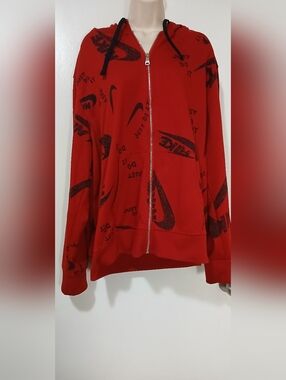 Nike Red Full-Zip Hoodie with matching jogging pants,  Black Swoosh Graphics